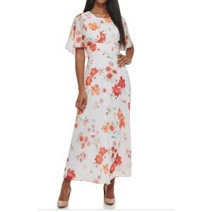 Calvin Klein Floral Flutter Sleeve Maxi Dress White Orange Red Size 12 NWT